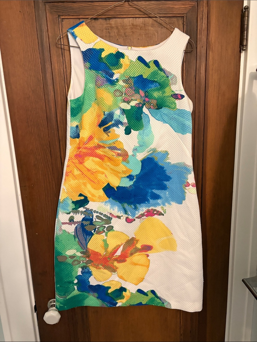Sleeveless Floral Print Shift Dress in White with Blue & Yellow